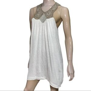 Theory Women’s Size S White Tan Taupe Crochet Neck Linen Cotton Sleeveless Dress